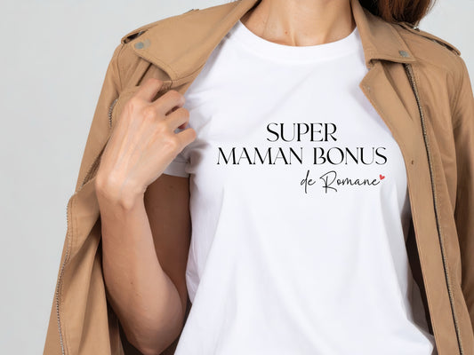 T-shirt "Super maman bonus" personnalisé – Prénom(s) – Cadeau belle-maman – Famille recomposée – Fête des mères