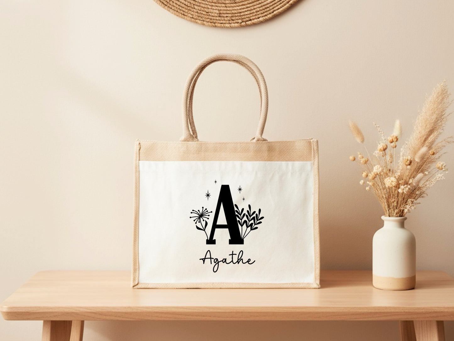 Cabas jute personnalisé initiale + prénom – Sac jute shopping – Cadeau personnalisé femme enfant – Anniversaire