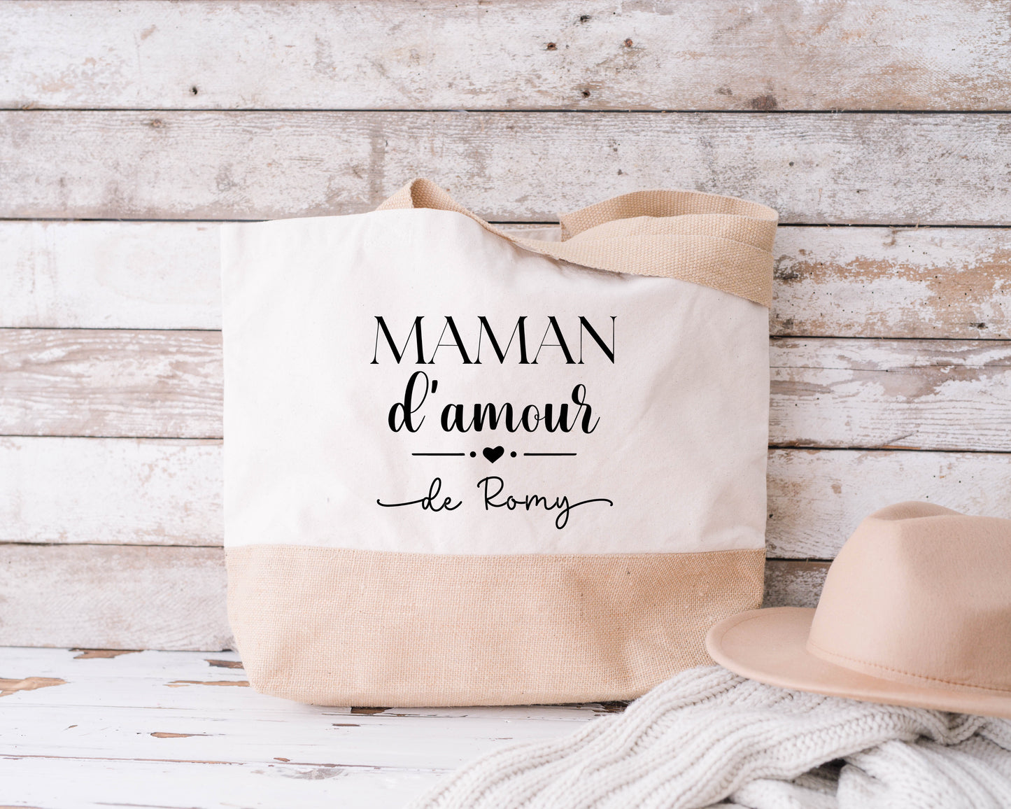 Grand sac shopping XL Maman d’amour personnalisé – Prénom(s) – Cadeau maman – Fête des mères – Sac coton & jute
