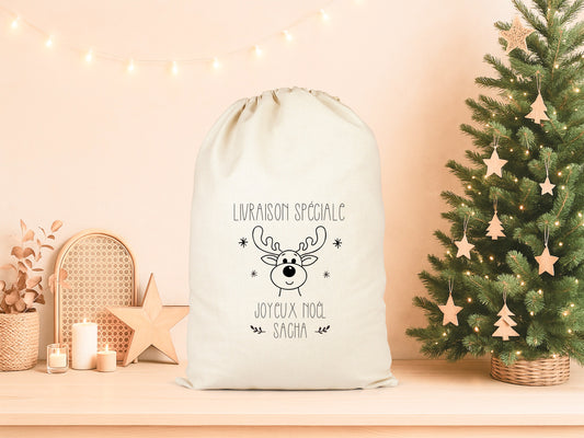 Pochon Noël Personnalisé Prénom | Hotte Père Noël Livraison Spéciale Renne | Sac Cadeau Enfant Coton | Joyeux Noël | 5 Tailles