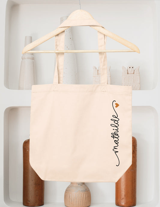 Sac cabas coton personnalisé prénom avec petit cœur – Sac shopping – Cadeau personnalisé