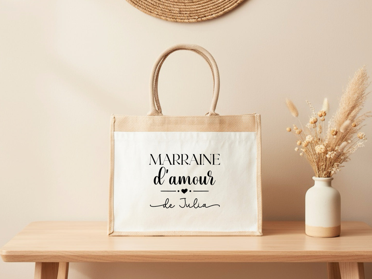 Cabas jute Marraine d’amour personnalisé – Prénom filleul(e) – Cadeau marraine – Baptême – Sac jute shopping
