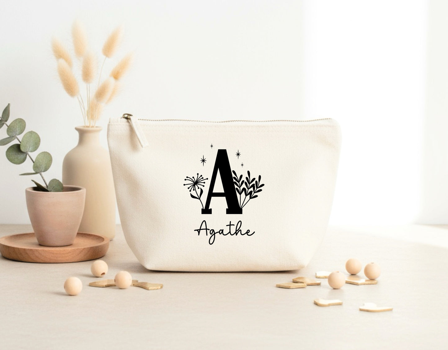 Trousse personnalisée initiale + prénom – Pochette coton – Cadeau personnalisé femme enfant – Anniversaire – Rangement