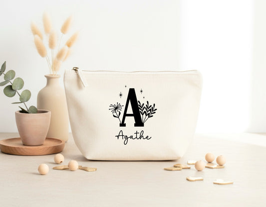 Trousse personnalisée initiale + prénom – Pochette coton – Cadeau personnalisé femme enfant – Anniversaire – Rangement