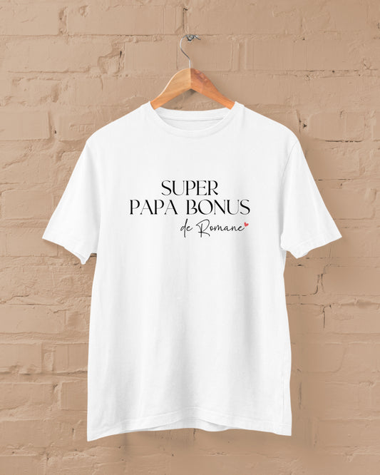 T-shirt Super papa bonus personnalisé – Prénom(s) – Cadeau beau-papa – Famille recomposée – Fête des Pères