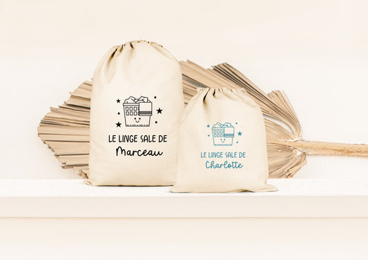Pochon linge sale personnalisé enfant – Prénom – Sac vêtements sales – Crèche maternelle – Voyage école