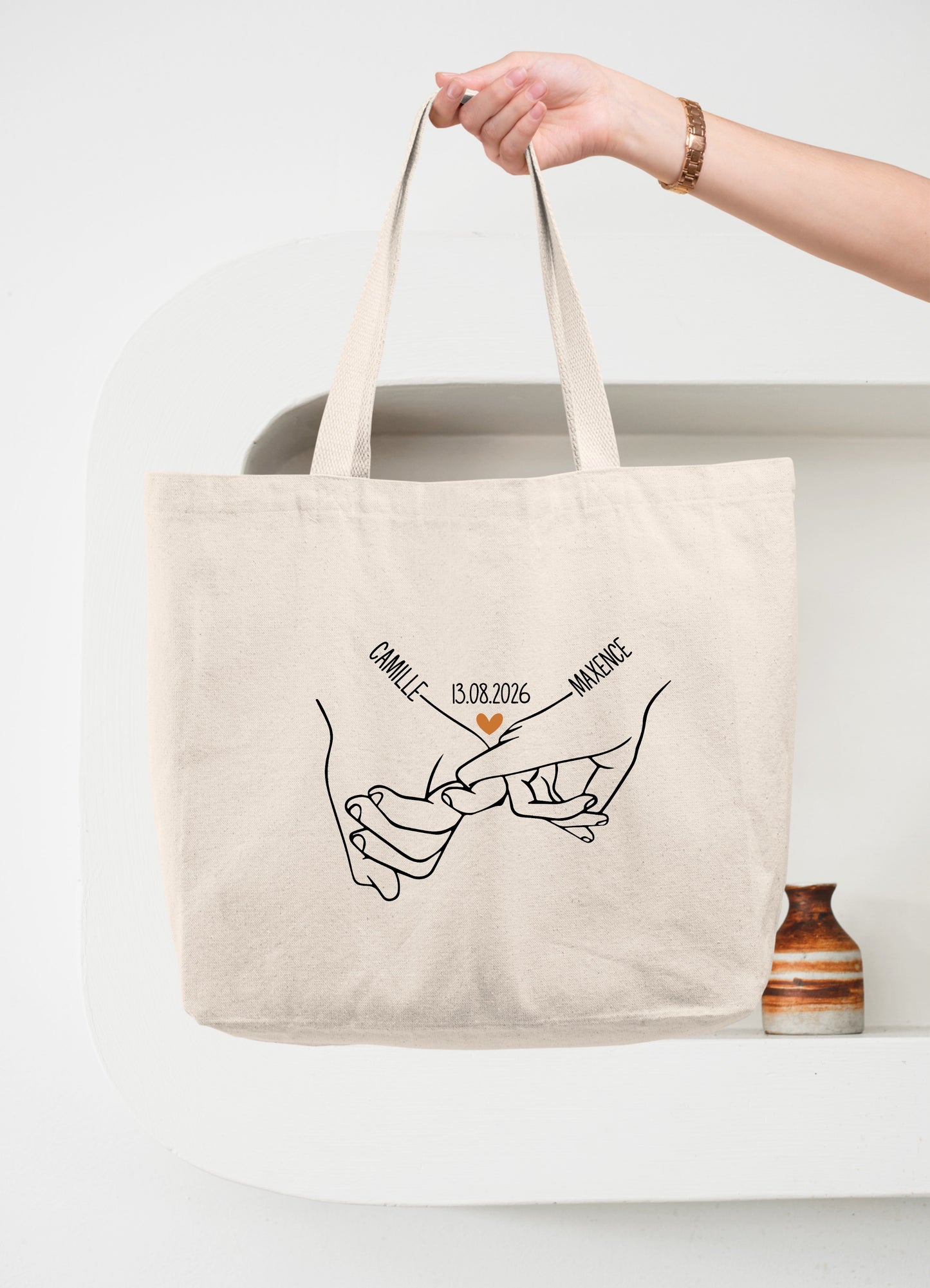 Cabas Coton Personnalisé Couple Prénoms et Date, Sac Cabas Amoureux, Cadeau Couple, Cadeau Mariage, Cadeau Saint Valentin