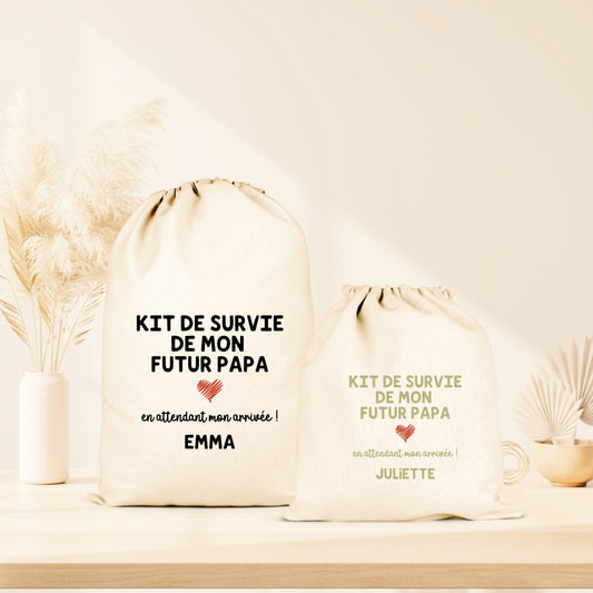 Pochon annonce grossesse “kit de survie de mon futur papa” personnalisé – Cadeau futur papa – Révélation bébé