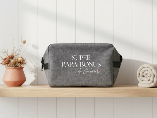 Trousse toilette homme Super papa bonus personnalisée – Prénom(s) – Cadeau beau-papa – Famille recomposée