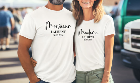 T-shirts assortis Mr et Mme personnalisés, T-shirts couple mariage, Tenues mariage personnalisées, Cadeau mariés