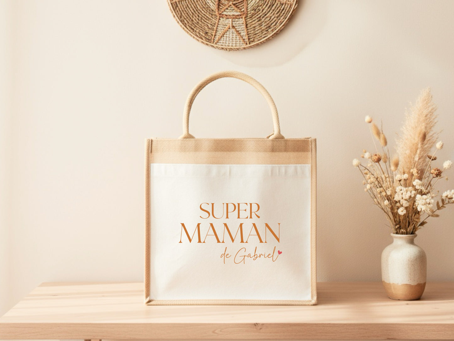 Cabas jute Super maman personnalisé – Prénom(s) – Cadeau maman – Fête des mères – Sac jute shopping – Anniversaire
