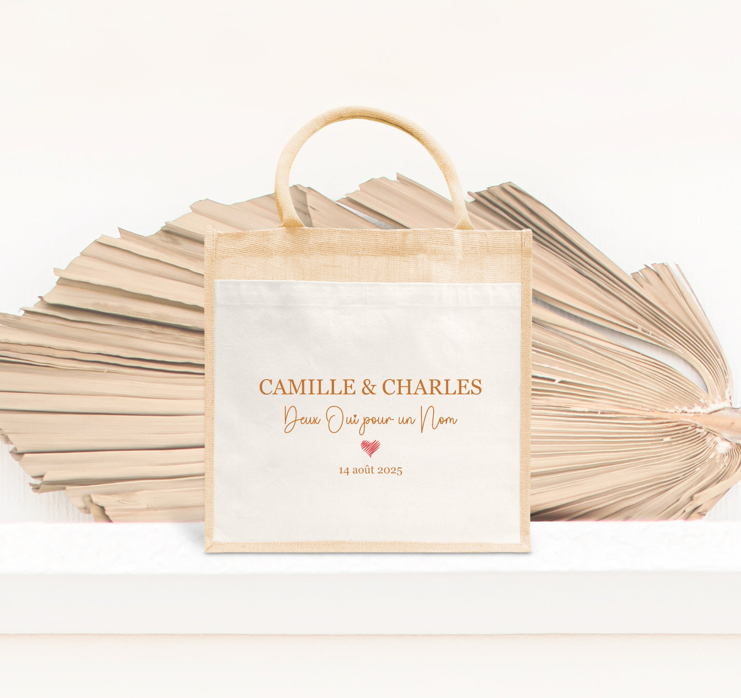 Cabas jute mariage personnalisé prénoms & date – “Deux oui pour un nom” – Cadeau mariés