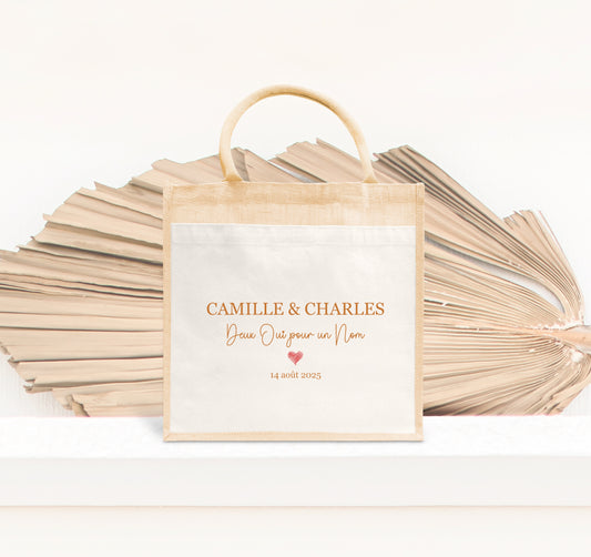 Cabas jute mariage personnalisé prénoms & date – “Deux oui pour un nom” – Cadeau mariés