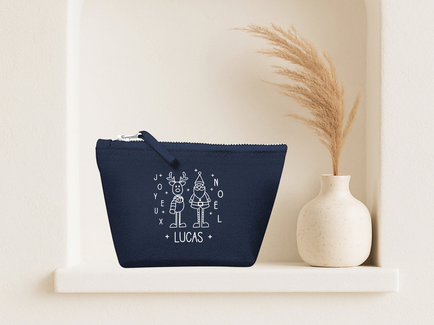Trousse Noël Personnalisée Prénom | Joyeux Noël Renne Père Noël | 3 Tailles 3 Couleurs | Cadeau Noël