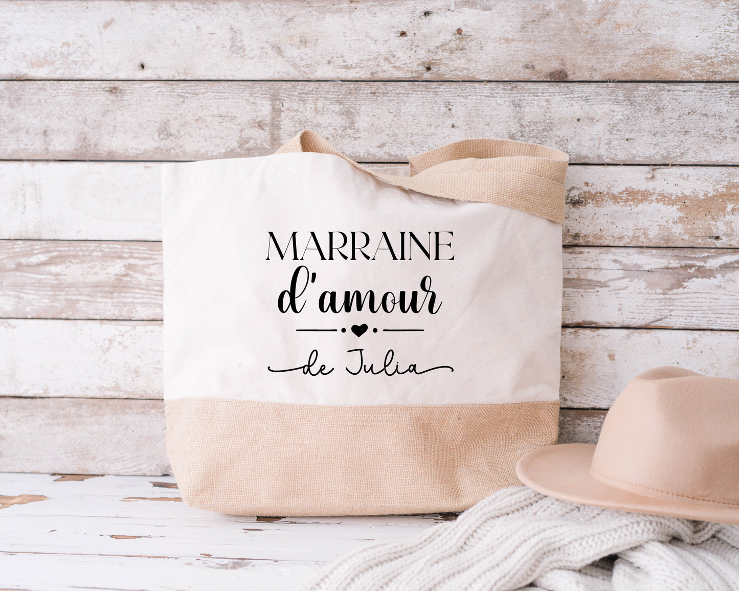 Grand sac shopping XL Marraine d’amour personnalisé – Prénom filleul(e) – Cadeau marraine – Baptême – Sac coton & jute