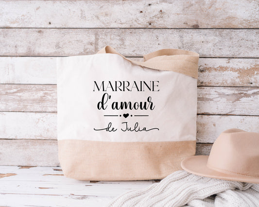 Grand sac shopping XL Marraine d’amour personnalisé – Prénom filleul(e) – Cadeau marraine – Baptême – Sac coton & jute