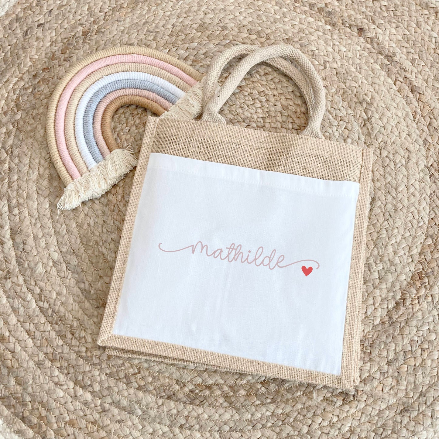 Cabas jute personnalisé prénom avec petit cœur – Sac jute – Cadeau personnalisé – Shopping plage