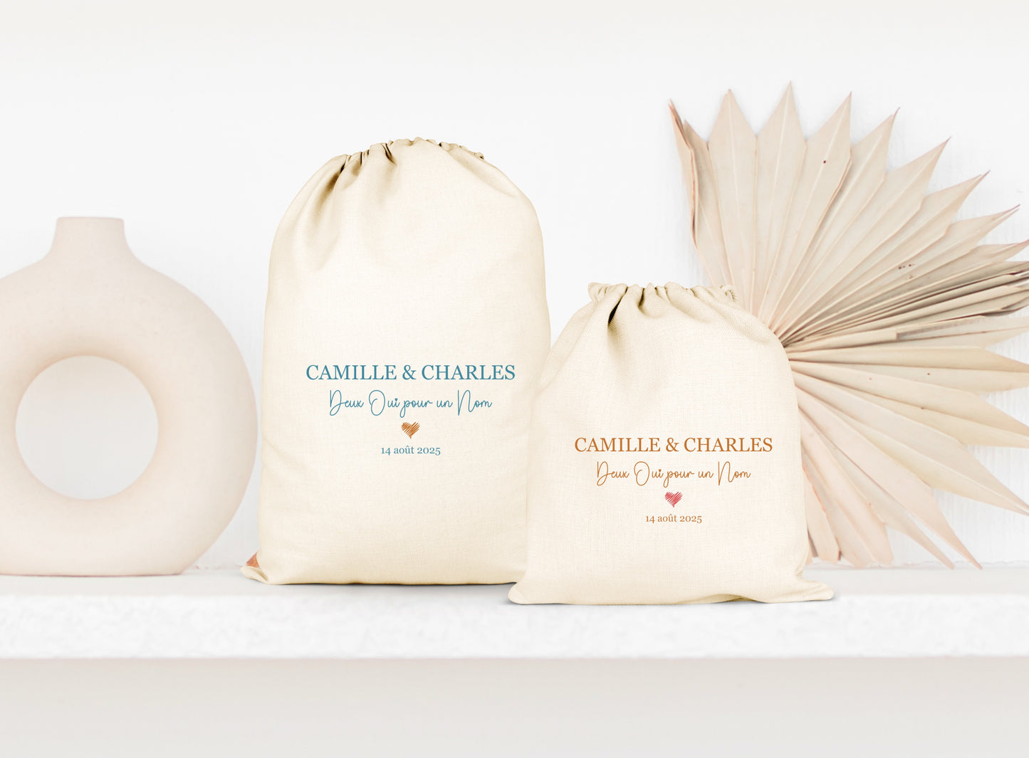 Pochon mariage personnalisé prénoms & date – "Deux oui pour un nom" – Cadeau mariage – Souvenir