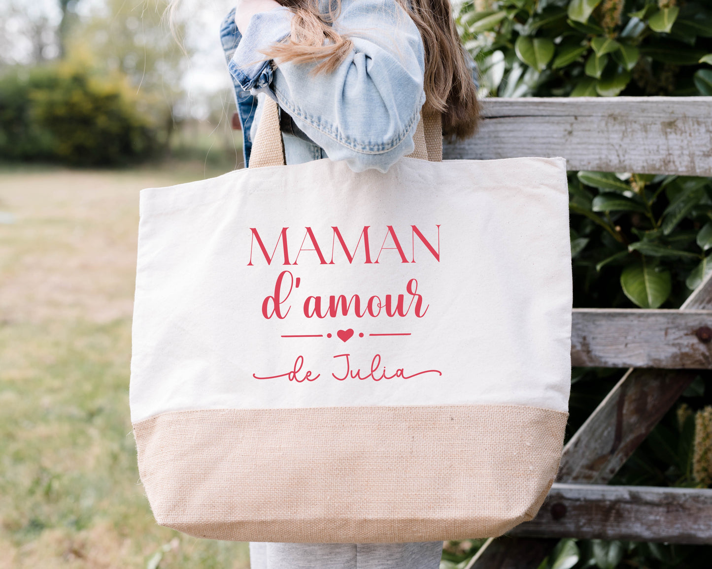 Grand sac shopping XL Maman d’amour personnalisé – Prénom(s) – Cadeau maman – Fête des mères – Sac coton & jute