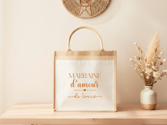 Cabas jute Marraine d’amour personnalisé – Prénom filleul(e) – Cadeau marraine – Baptême – Sac jute shopping