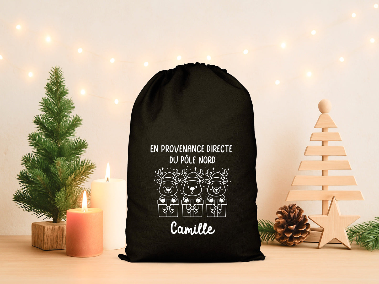 Pochon Noël Personnalisé Prénom Enfant | Hotte Père Noël Renne Pôle Nord | Sac Cadeau Coton Réutilisable | 5 Tailles