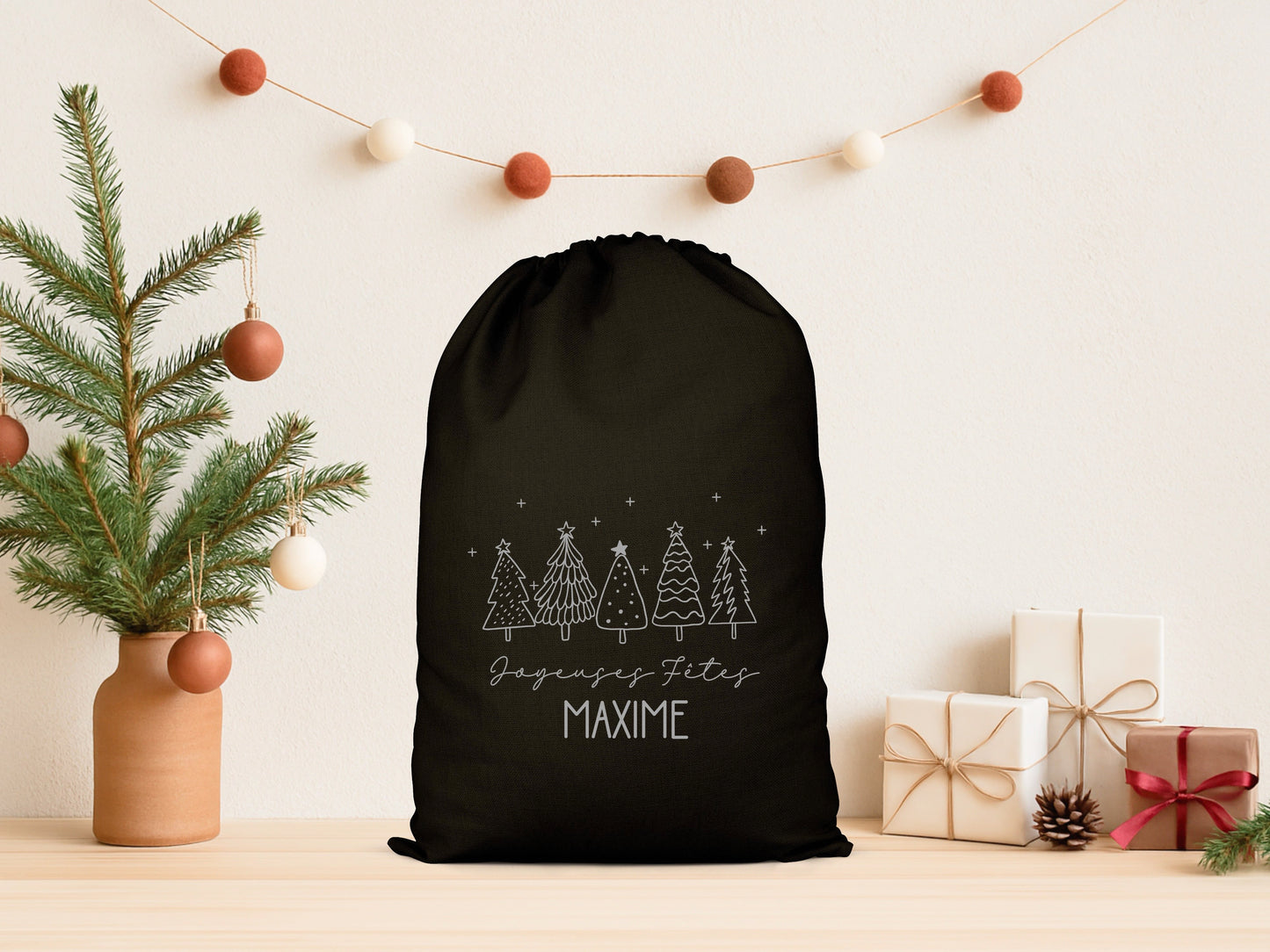 Pochon Noël Personnalisé Prénom | Hotte Père Noël Livraison Spéciale Renne | Sac Cadeau Enfant Coton | Joyeux Noël | 5 Tailles