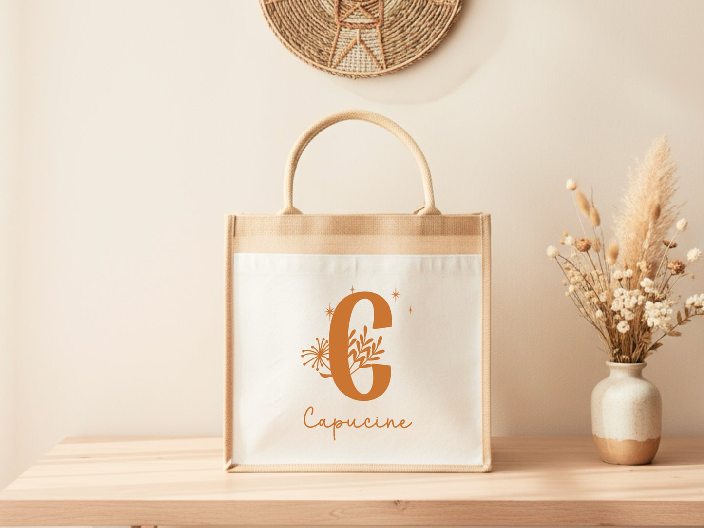 Cabas jute personnalisé initiale + prénom – Sac jute shopping – Cadeau personnalisé femme enfant – Anniversaire