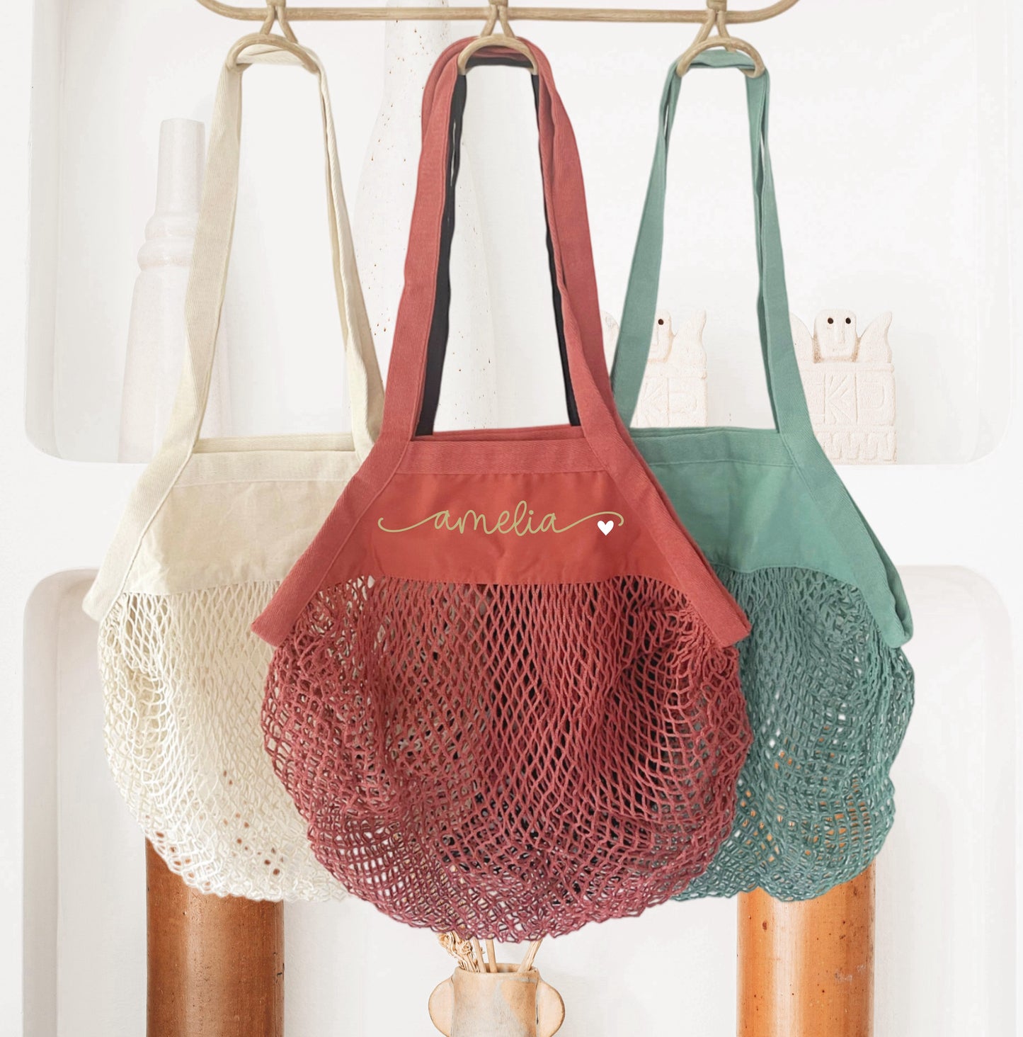Sac filet courses personnalisé prénom avec petit cœur – Sac réutilisable – Cadeau personnalisé