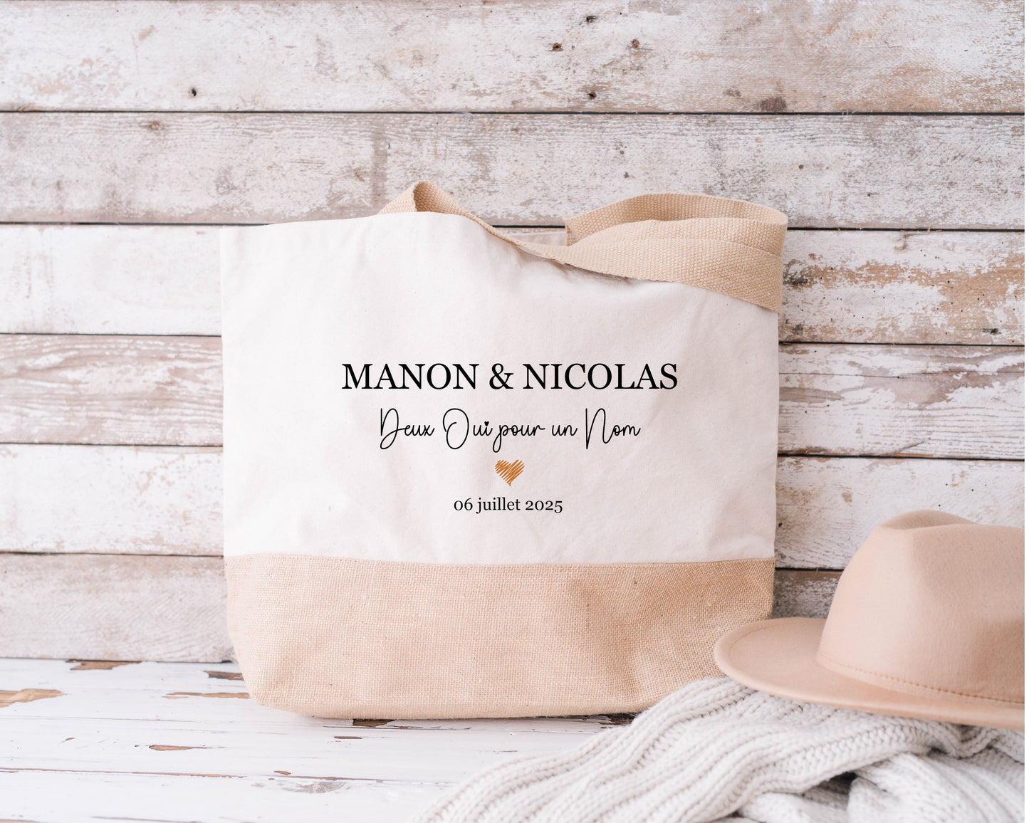 Grand sac XL mariage personnalisé prénoms & date - « Deux oui pour un nom » - Cadeau mariage - Cabas personnalisé mariage