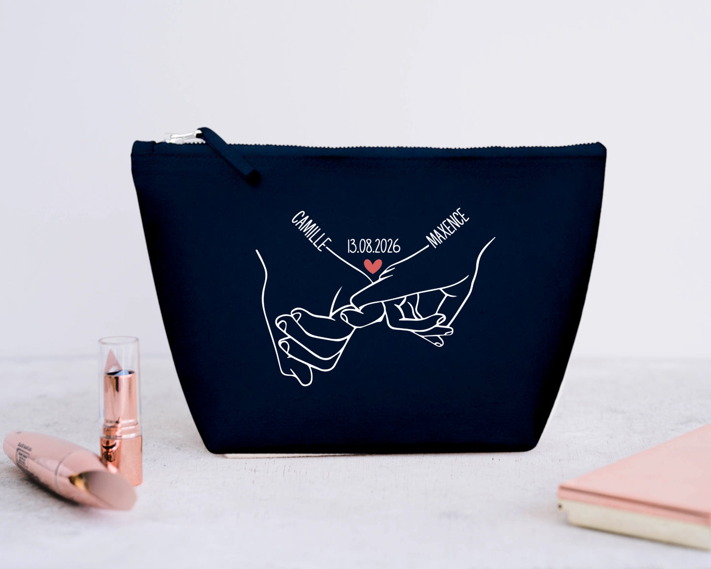 Trousse Personnalisée Couple Prénoms et Date, Cadeau Couple, Trousse Maquillage Personnalisée, Cadeau Saint Valentin, Anniversaire