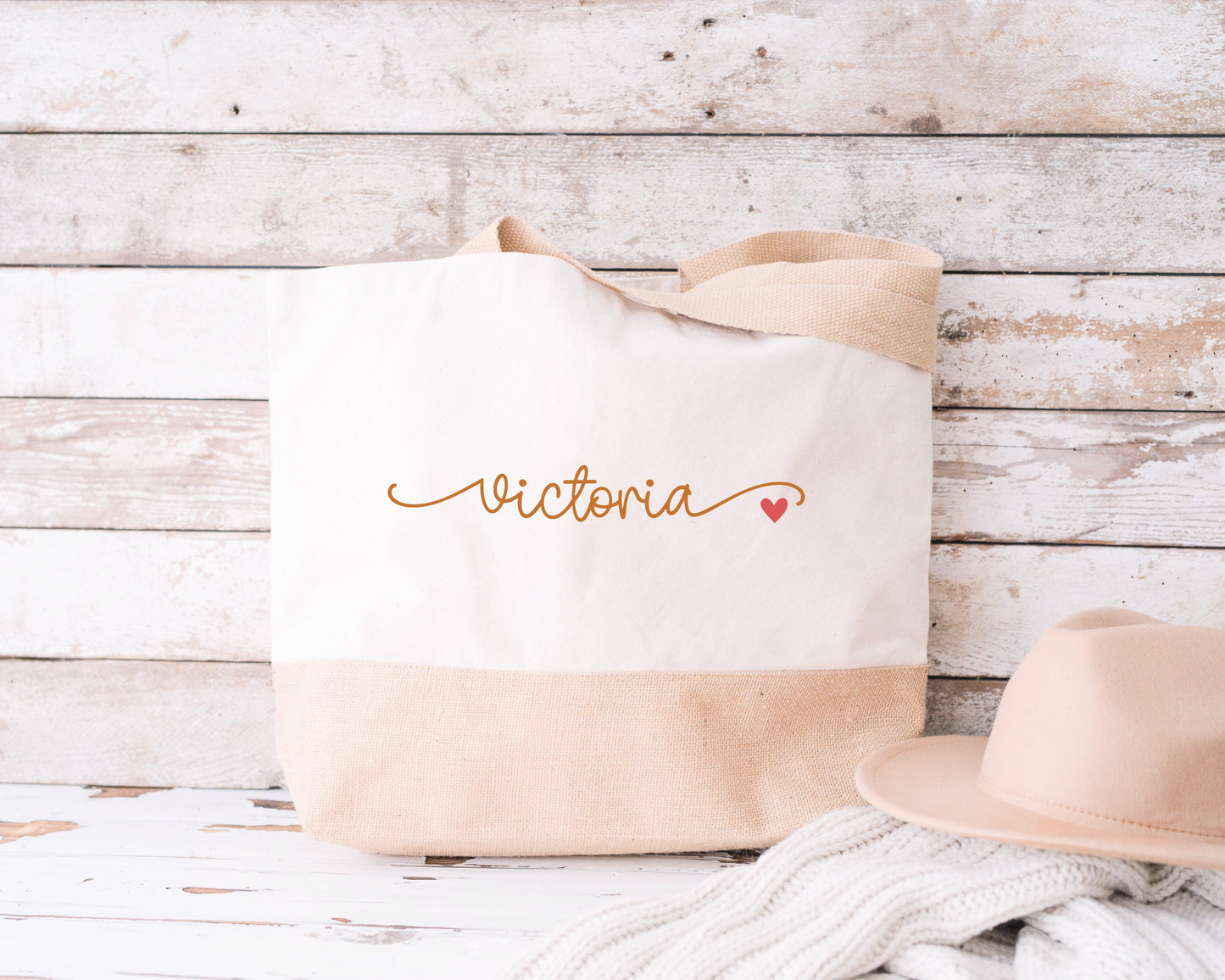 Grand sac XL coton & jute personnalisé prénom avec petit cœur – Sac shopping – Cadeau personnalisé