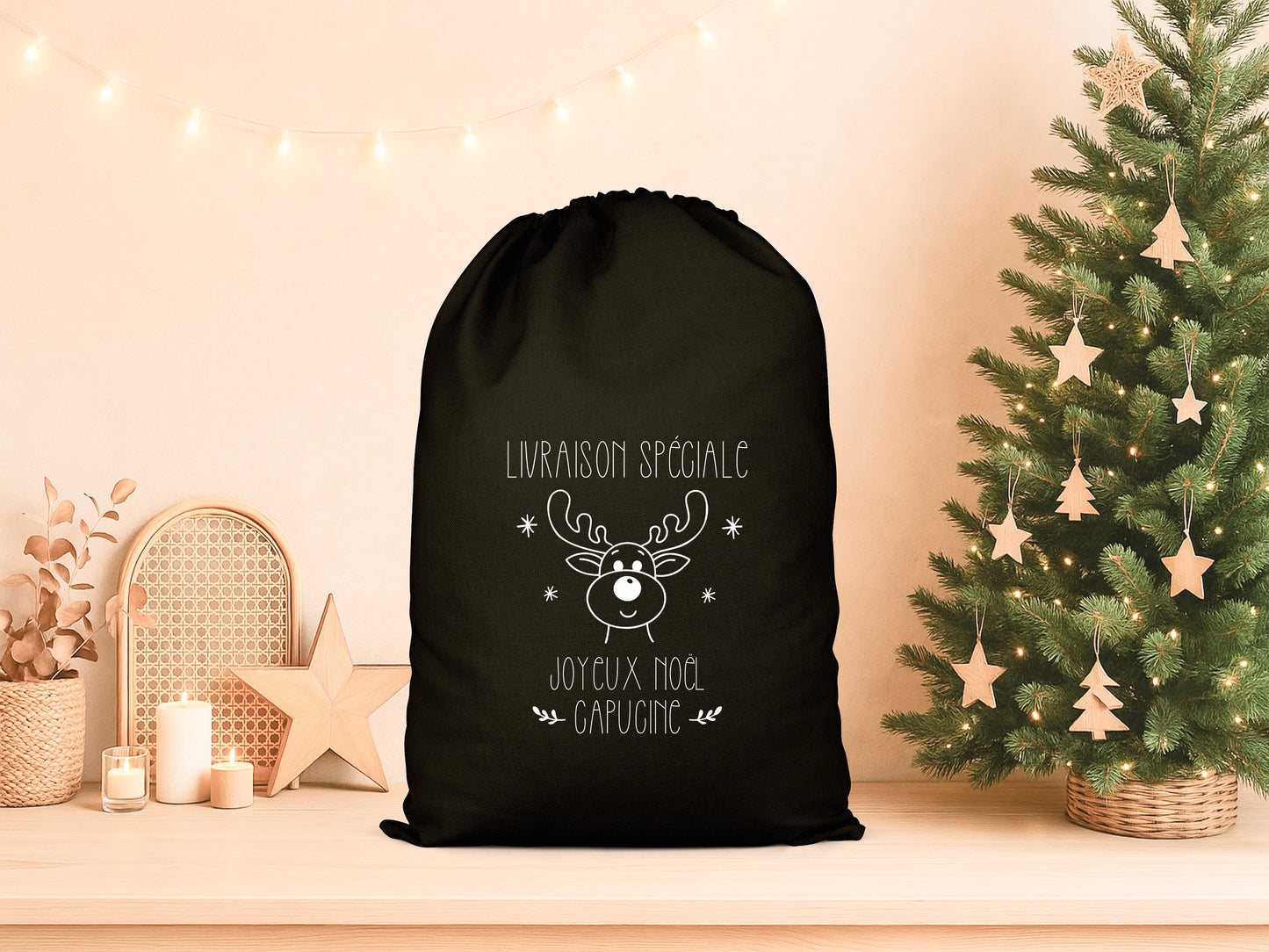 Pochon Noël Personnalisé Prénom | Hotte Père Noël Livraison Spéciale Renne | Sac Cadeau Enfant Coton | Joyeux Noël | 5 Tailles