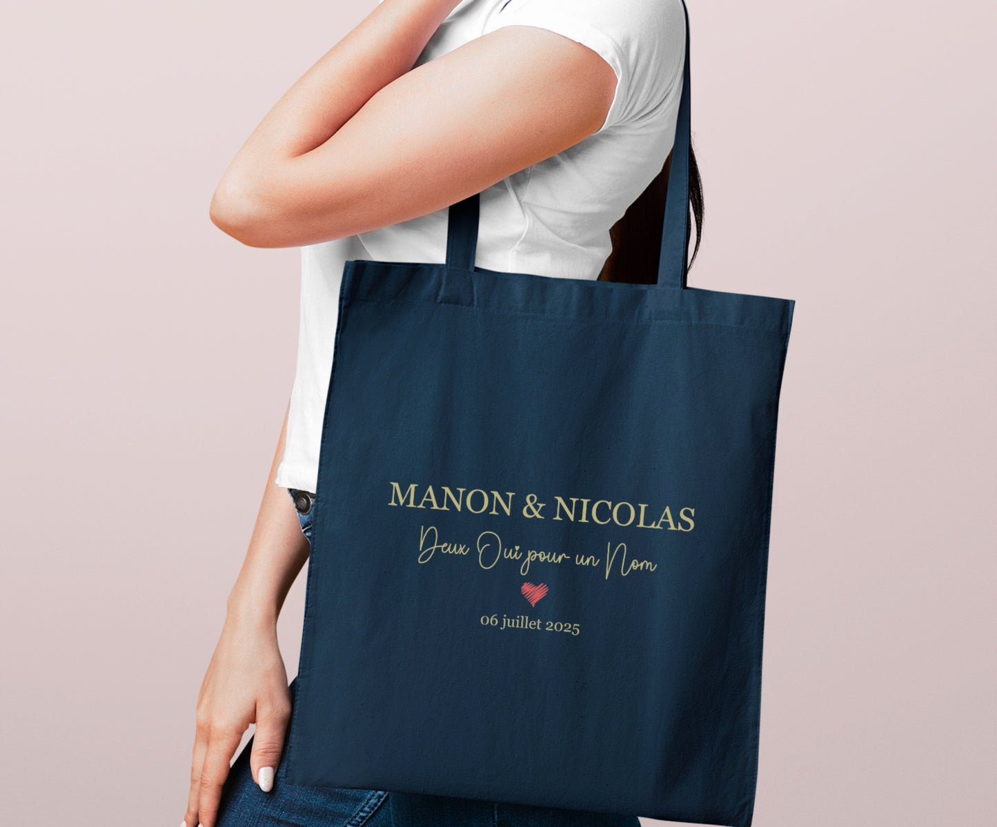 Tote bag mariage personnalisé prénoms & date – “Deux oui pour un nom” – Cadeau mariage – EVJF