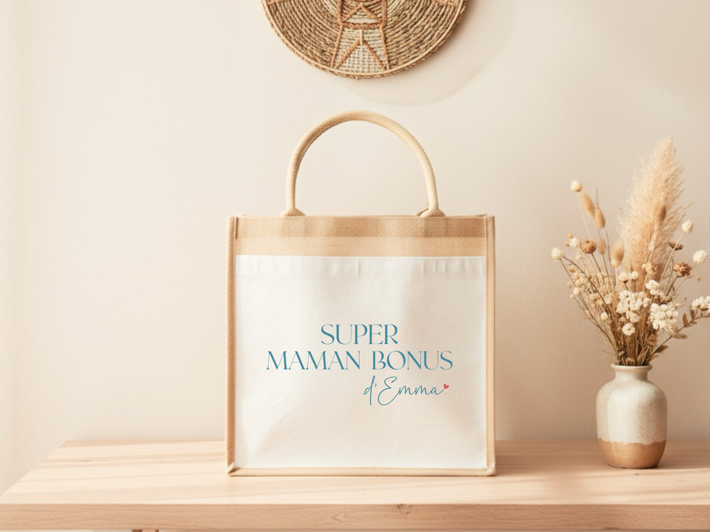 Cabas jute "Super maman bonus" personnalisé – Prénom – Cadeau belle-maman – Famille recomposée – Fête des mères