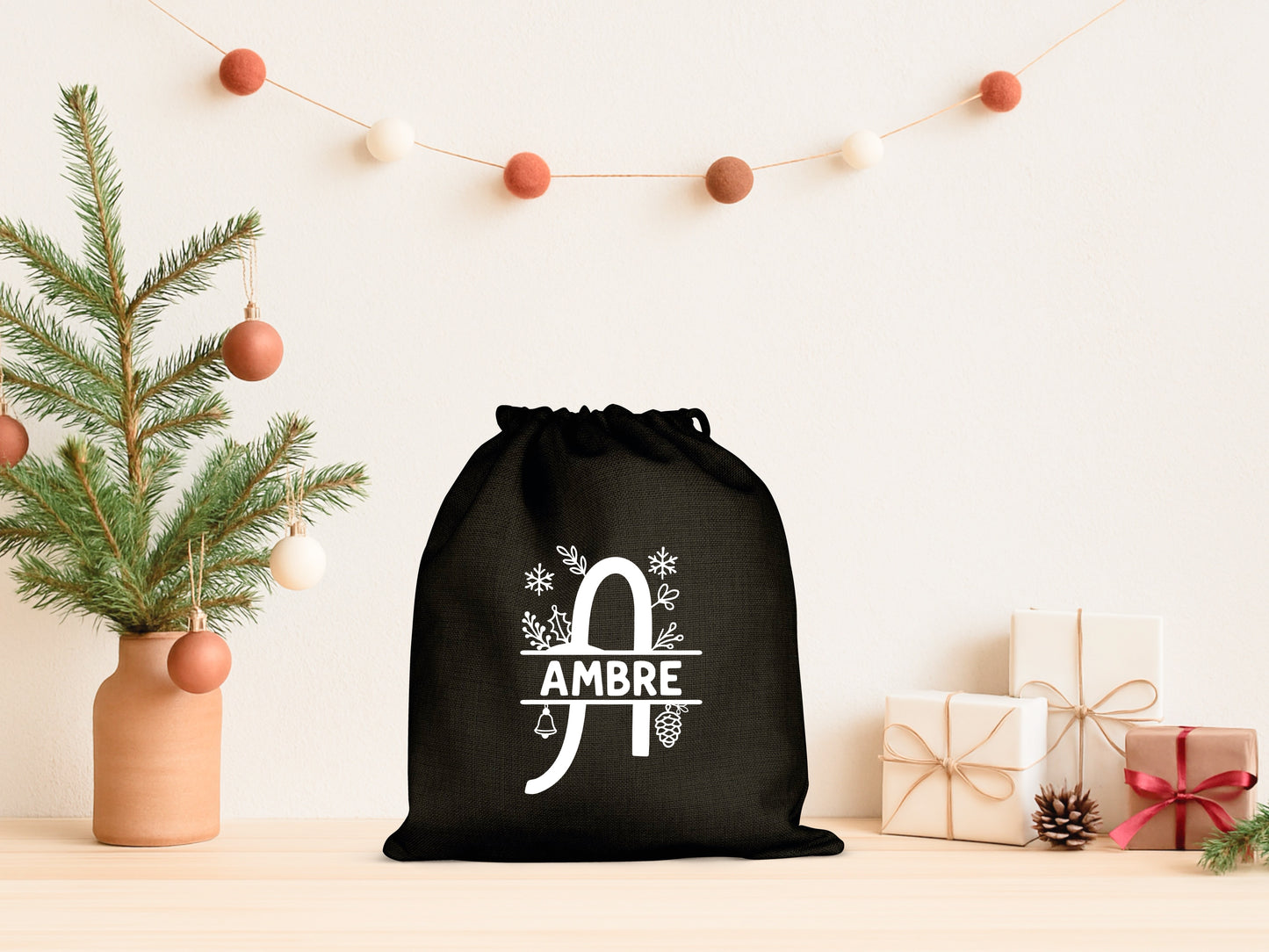Sac cadeau Noël, Hotte de Noël personnalisée, Emballage Noël, Pochon Noël personnalisé