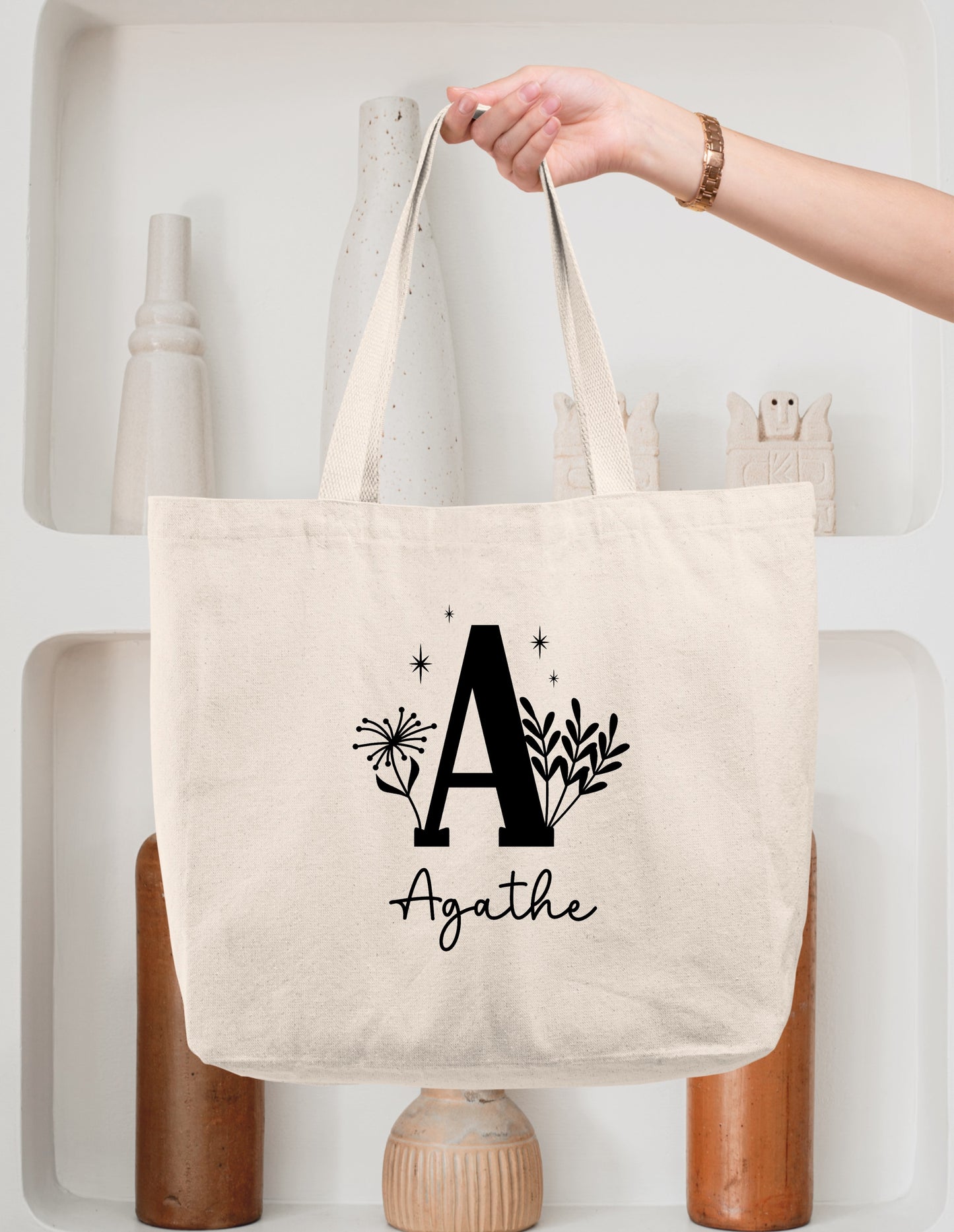 Sac cabas coton personnalisé initiale + prénom – Tote bag cabas – Cadeau femme enfant – Sac shopping – Anniversaire
