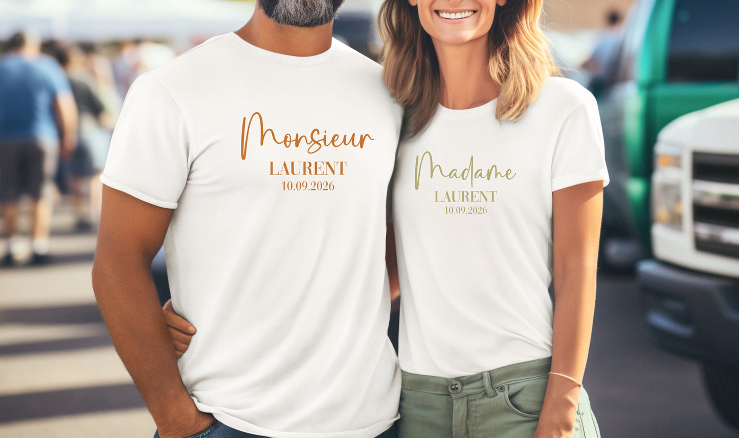 T-shirts assortis Mr et Mme personnalisés, T-shirts couple mariage, Tenues mariage personnalisées, Cadeau mariés