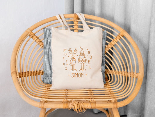 Tote Bag Noël Personnalisé Prénom | sac cadeau Noêl Coton | Cadeau Noël Réutilisable | 7 Couleurs