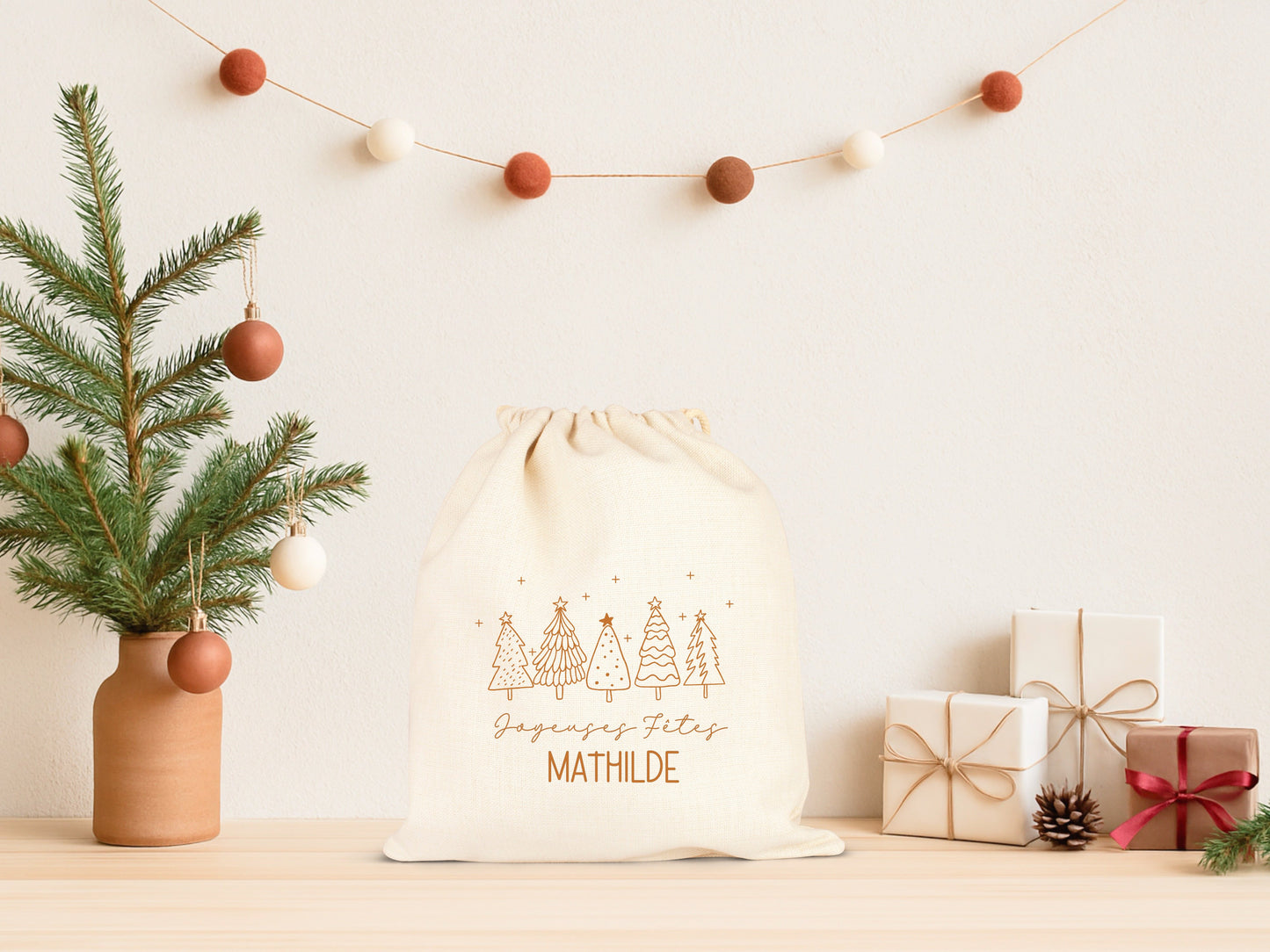 Pochon Noël Personnalisé Prénom | Hotte Père Noël Livraison Spéciale Renne | Sac Cadeau Enfant Coton | Joyeux Noël | 5 Tailles