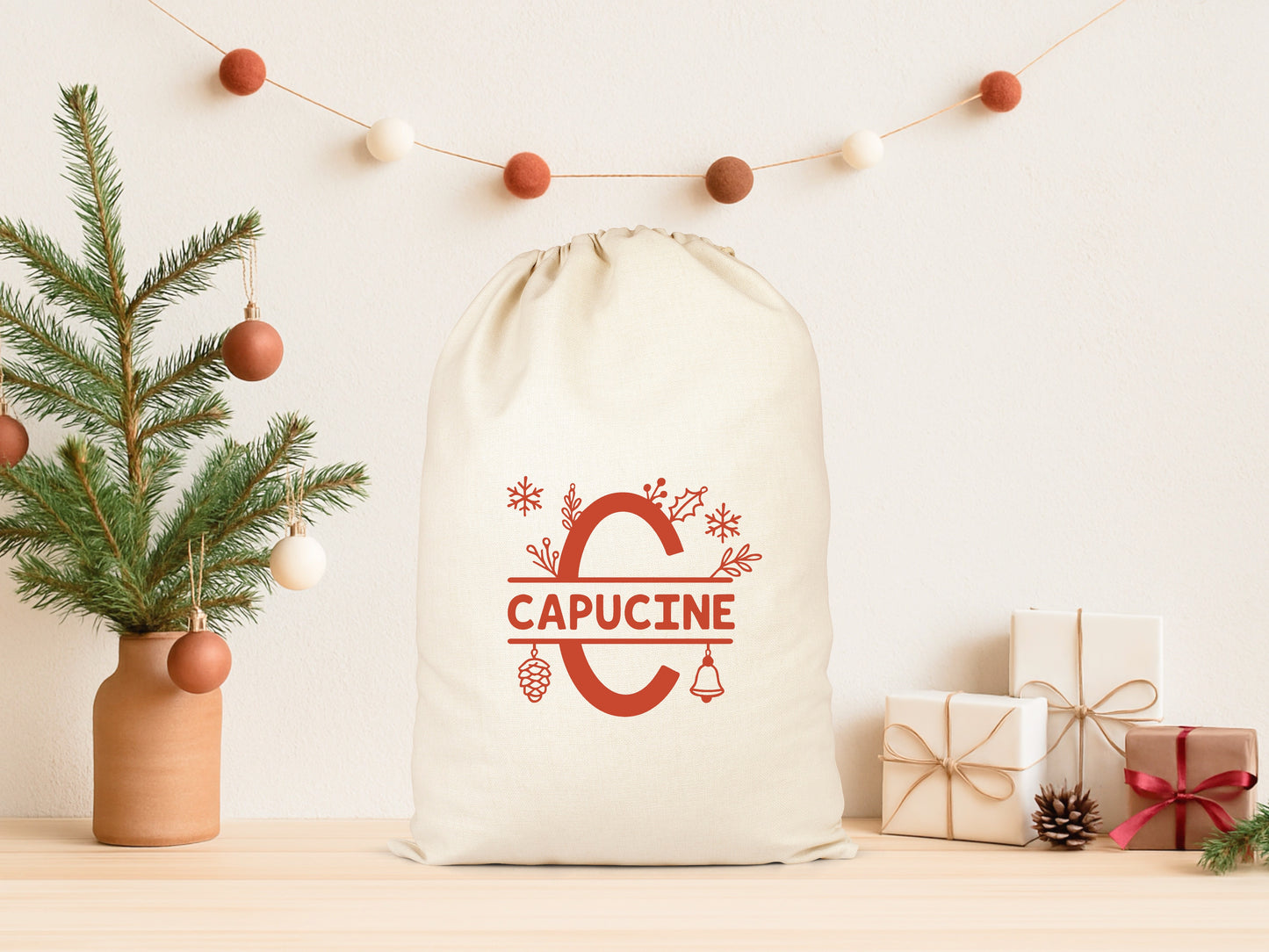 Sac cadeau Noël, Hotte de Noël personnalisée, Emballage Noël, Pochon Noël personnalisé