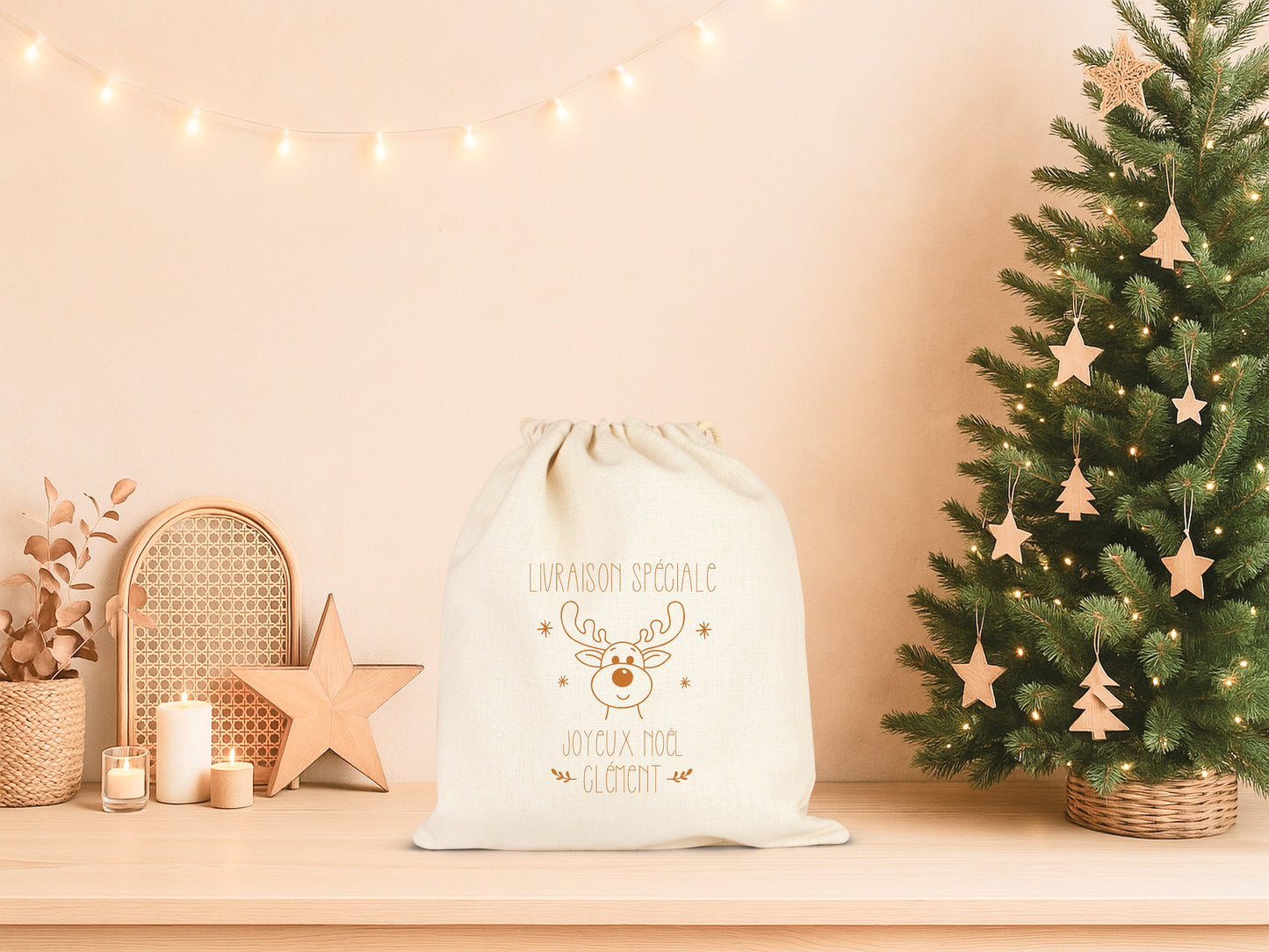 Pochon Noël Personnalisé Prénom | Hotte Père Noël Livraison Spéciale Renne | Sac Cadeau Enfant Coton | Joyeux Noël | 5 Tailles