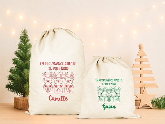 Pochon Noël Personnalisé Prénom Enfant | Hotte Père Noël Renne Pôle Nord | Sac Cadeau Coton Réutilisable | 5 Tailles