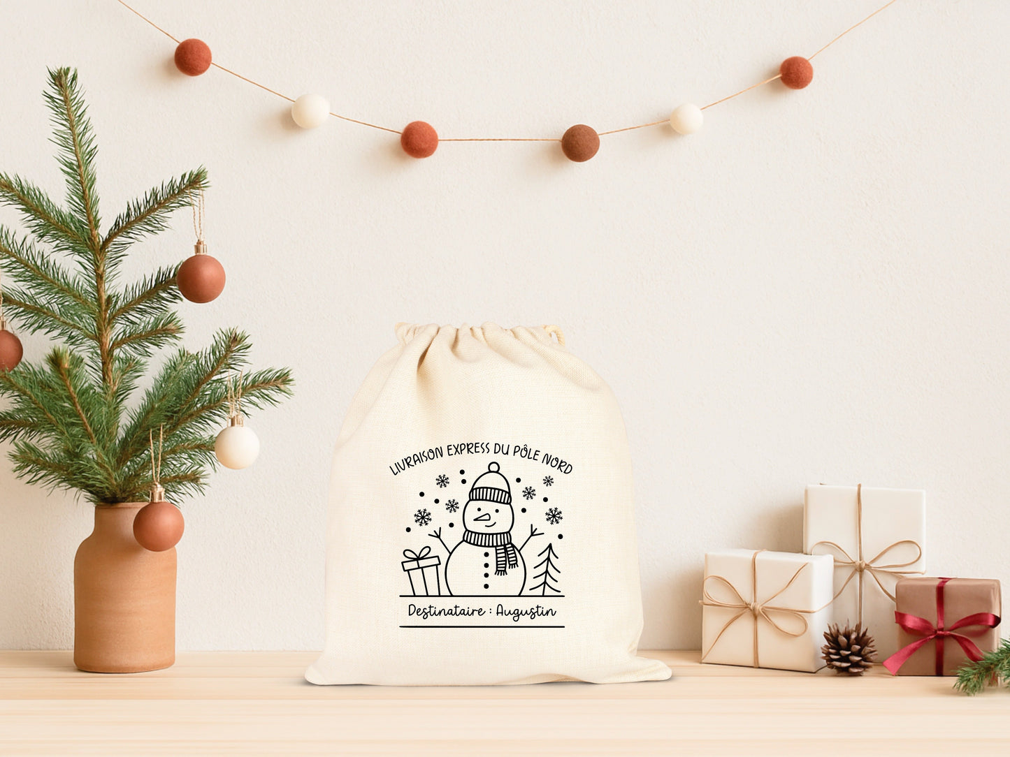 Pochon Noël Personnalisé Enfant | Hotte Père Noël Bonhomme de Neige Pôle Nord | Sac Cadeau Livraison Express | Coton | 5 Tailles