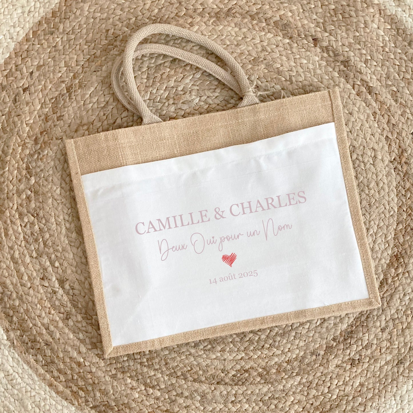 Cabas jute mariage personnalisé prénoms & date – “Deux oui pour un nom” – Cadeau mariés