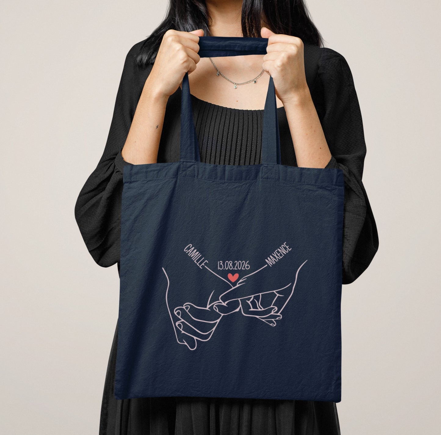 Tote Bag Couple Personnalisé Prénoms et Date, Sac Tote Bag Amoureux, Cadeau Couple, Cadeau Saint Valentin, Anniversaire de Rencontre