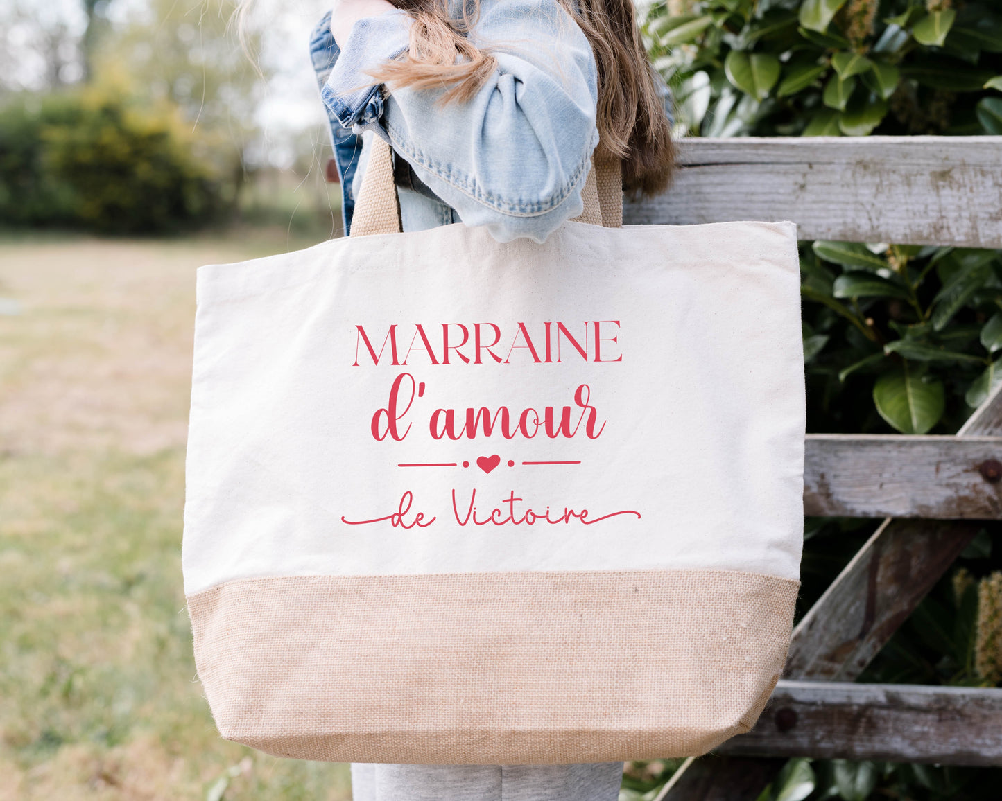 Grand sac shopping XL Marraine d’amour personnalisé – Prénom filleul(e) – Cadeau marraine – Baptême – Sac coton & jute