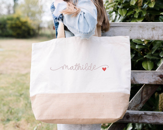 Grand sac XL coton & jute personnalisé prénom avec petit cœur – Sac shopping – Cadeau personnalisé