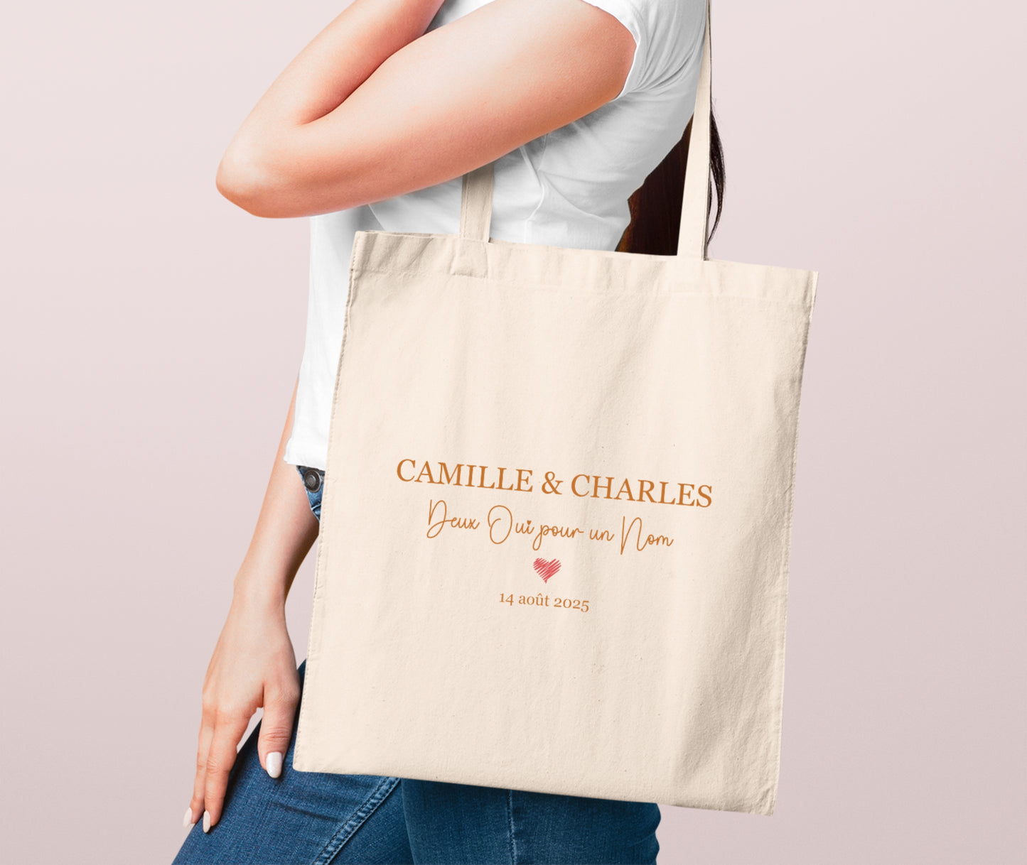 Tote bag mariage personnalisé prénoms & date – “Deux oui pour un nom” – Cadeau mariage – EVJF