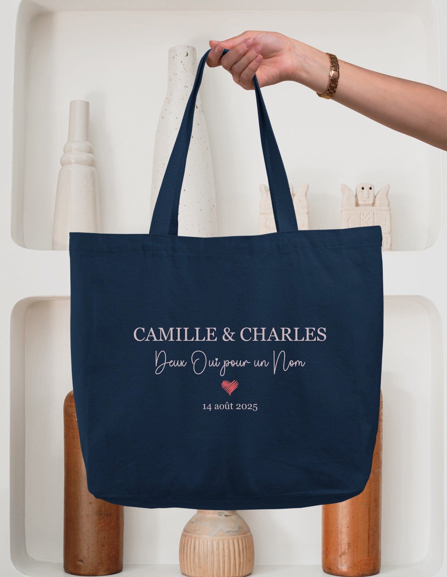 Cabas coton mariage personnalisé prénoms & date – "Deux oui pour un nom" – Cadeau mariés