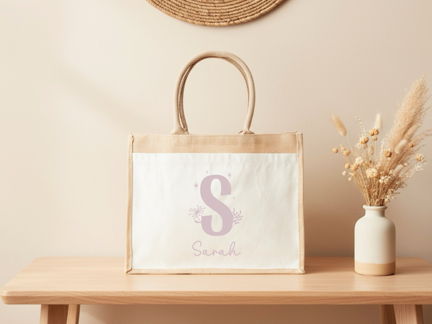 Cabas jute personnalisé initiale + prénom – Sac jute shopping – Cadeau personnalisé femme enfant – Anniversaire